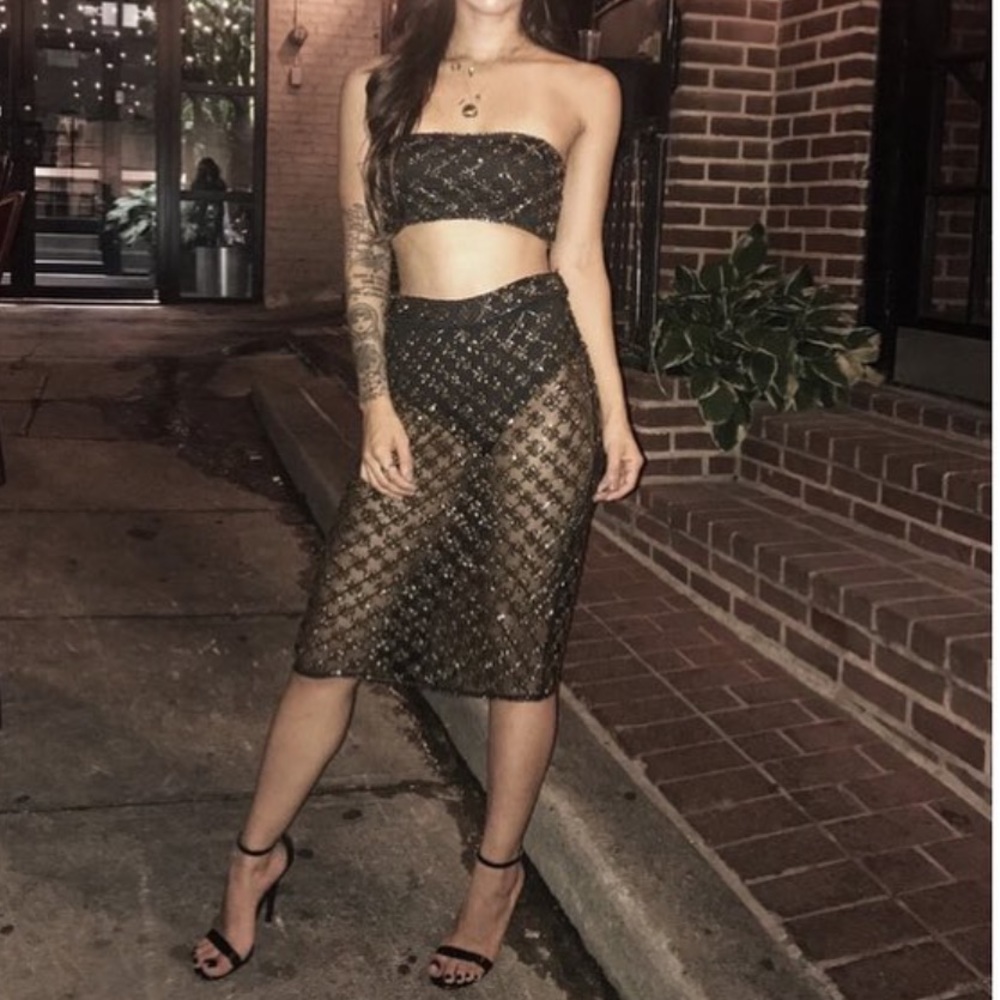 Revolve NBD 2 piece beaded bandeau and midi skirt set